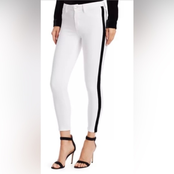 L'AGENCE Denim - L’Agence Margot High Rise Skinny Jean Crop White w/Black Velvet Strip Crisp Sz29